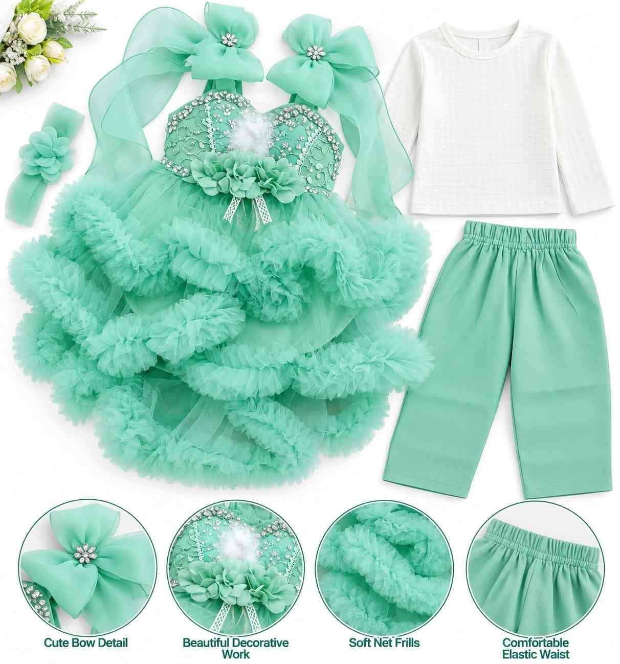Fancy Sleeveless Sequence Worked Fairy Tail Frock With Trouser - Sea Green