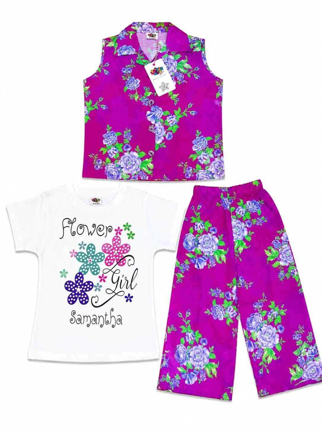 Blue Flowers Printed Tee Shirt Sleeveless Inner & Flapper Trouser - Purple