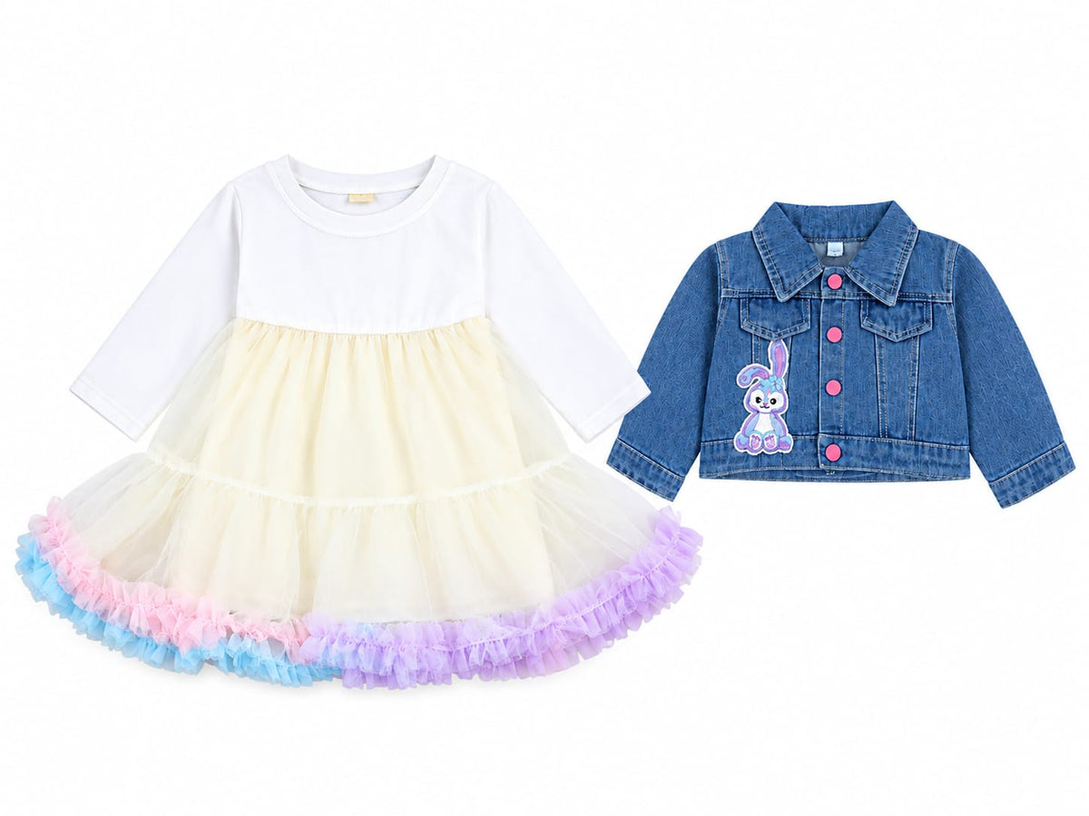 Girls Cream & White Tutu Dress with Blue Denim Jacket Set