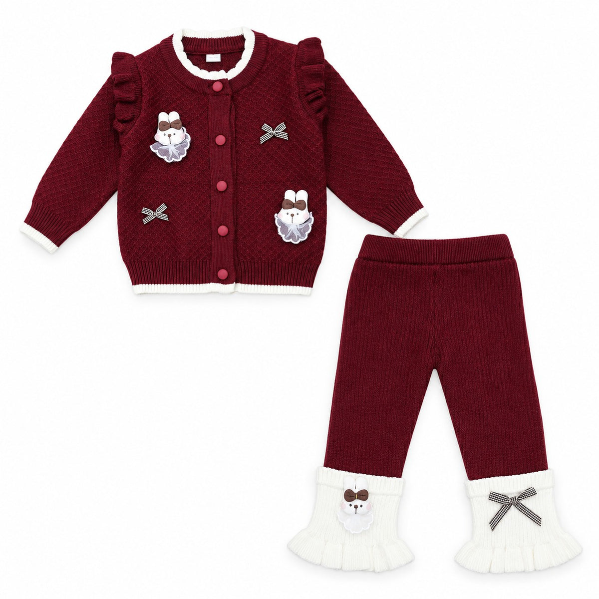 Dancing Kitty With Bow Frill Sleeve Wool Tracksuit - Maroon & Off White