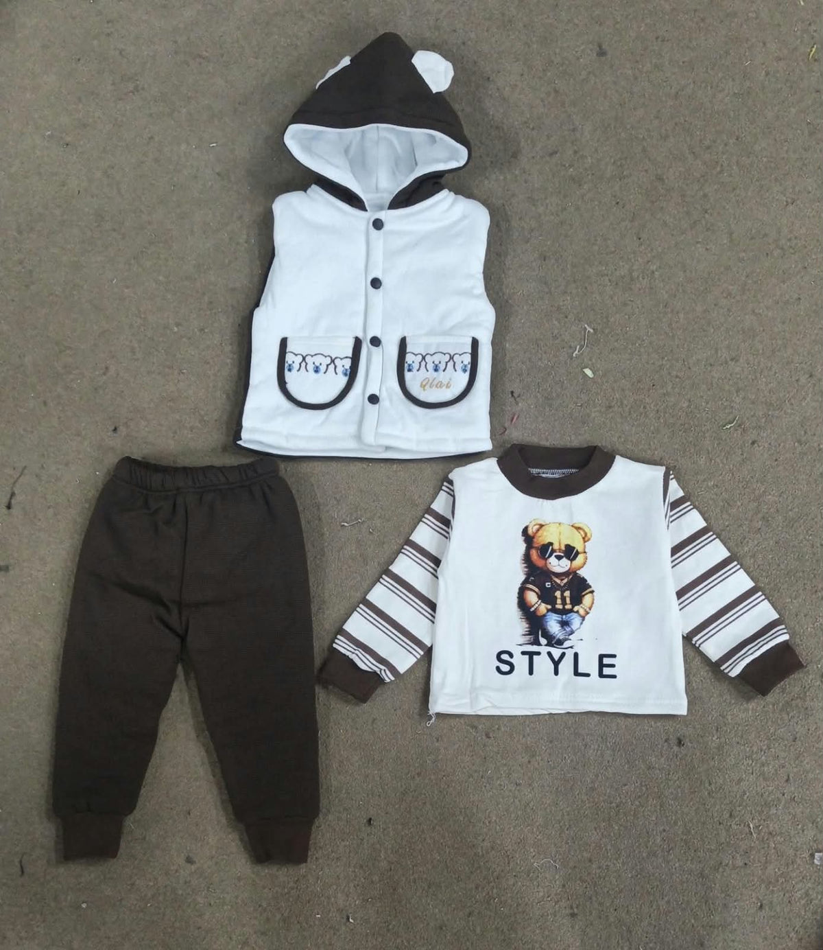 Trendy Bear Ear Hooded Jacket & Striped Shirt 3-Piece Set