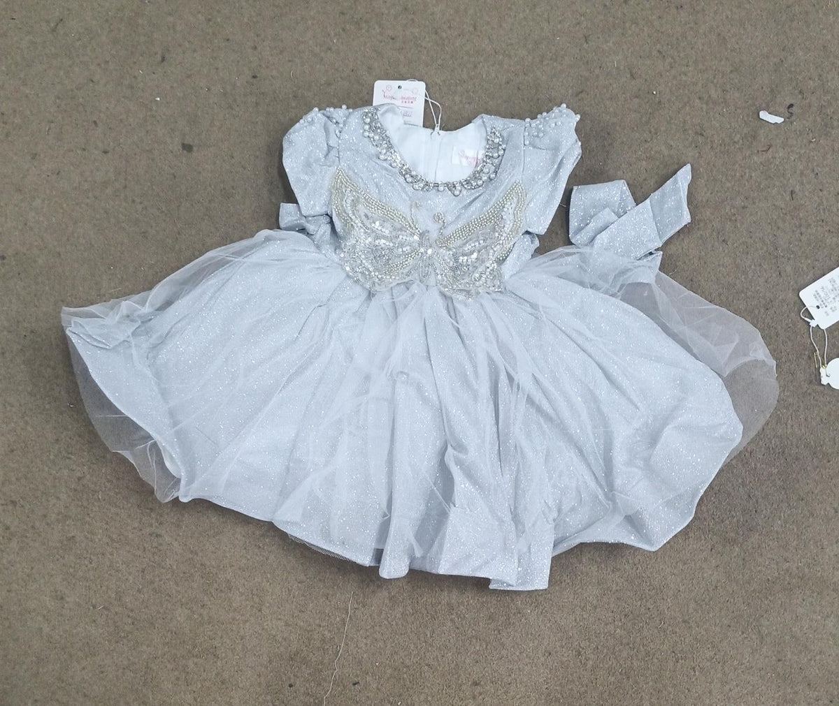 Girls Silver Glitter Net Birthday Party Dress with Butterfly