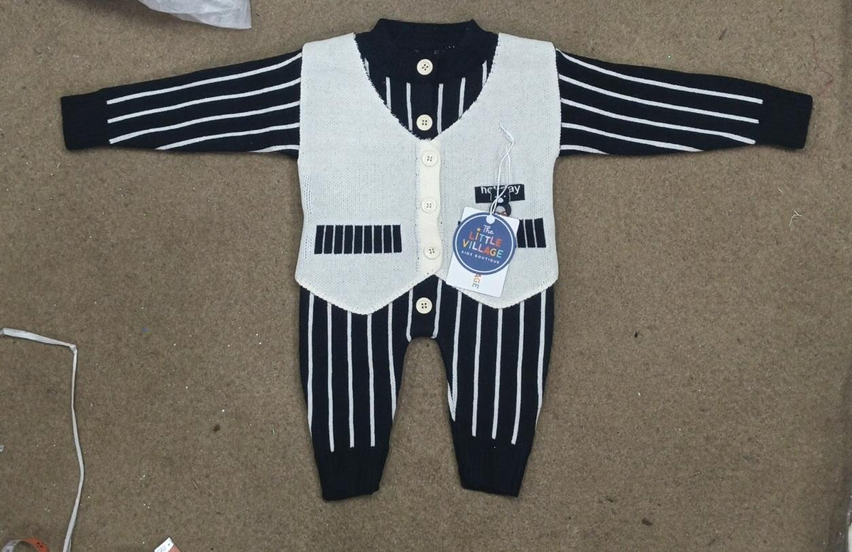 Baby Boys Striped Knitted Suit Romper with Button Vest - Black & Off White