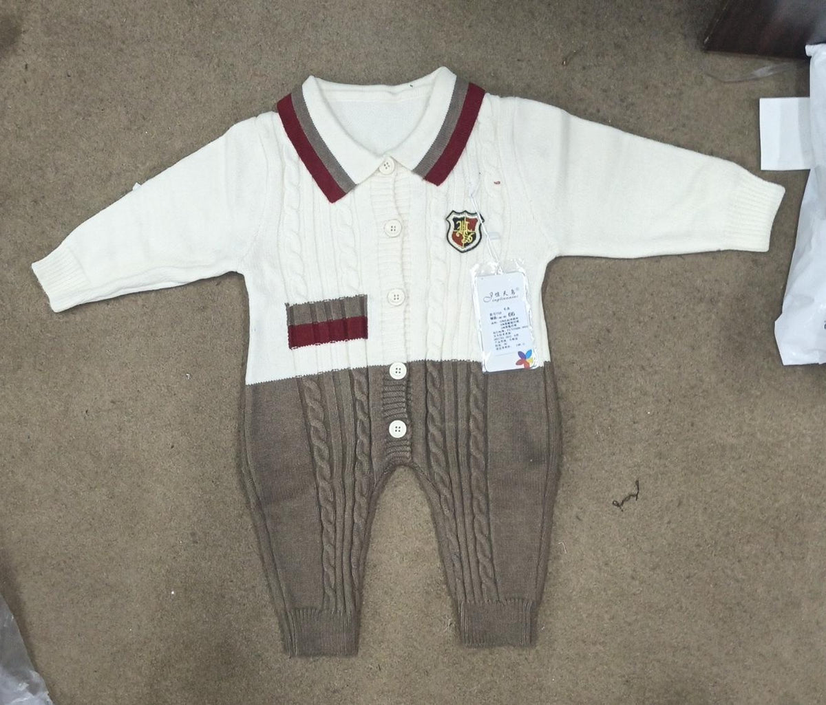 Baby Classic Academy Style Cable-Knit Jumpsuit - Off White & Brown