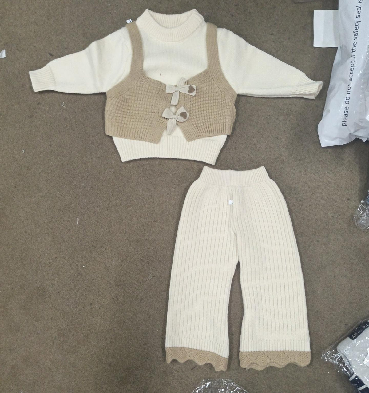 Girls Cream & Beige 3-Piece Knit Vest Sweater Set