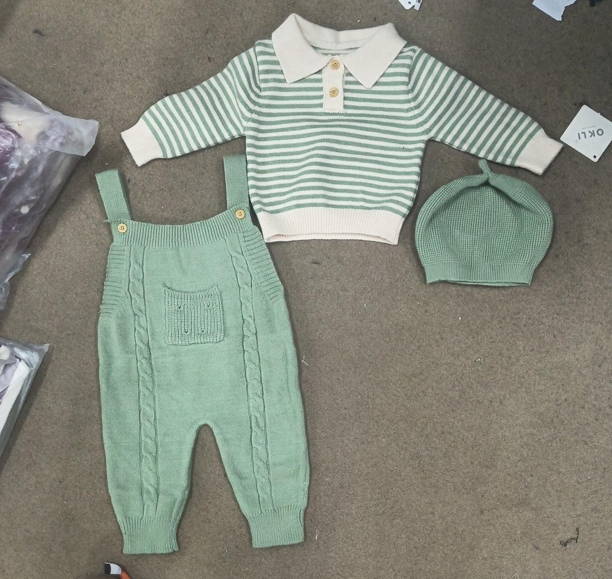 Baby Vintage Sage Cable-Knit Dungaree Set with Knitted Beanie