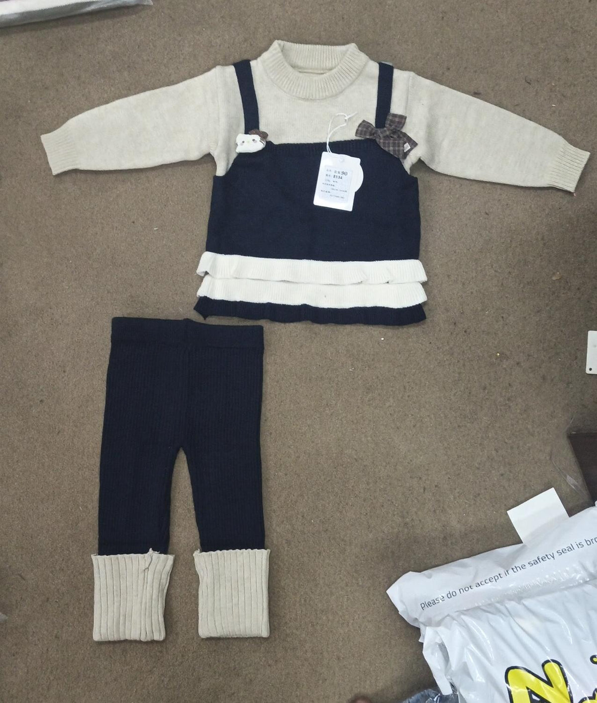 Girls Navy & Cream Layered Knit Top & Leggings Set