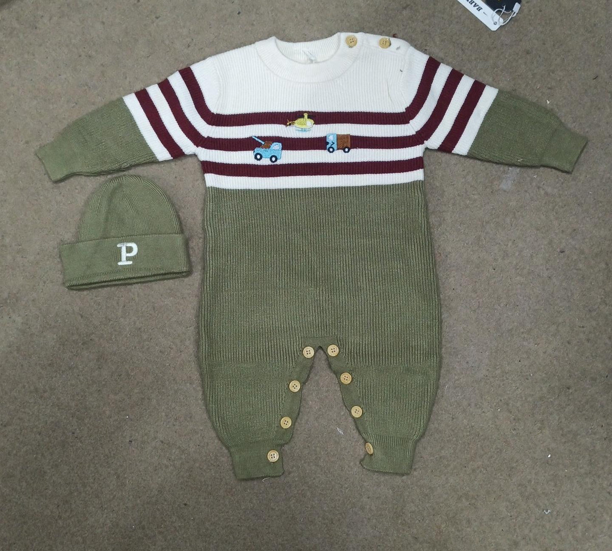 Boys Olive & Cream Striped Transport Embroidered Knit Jumpsuit Set