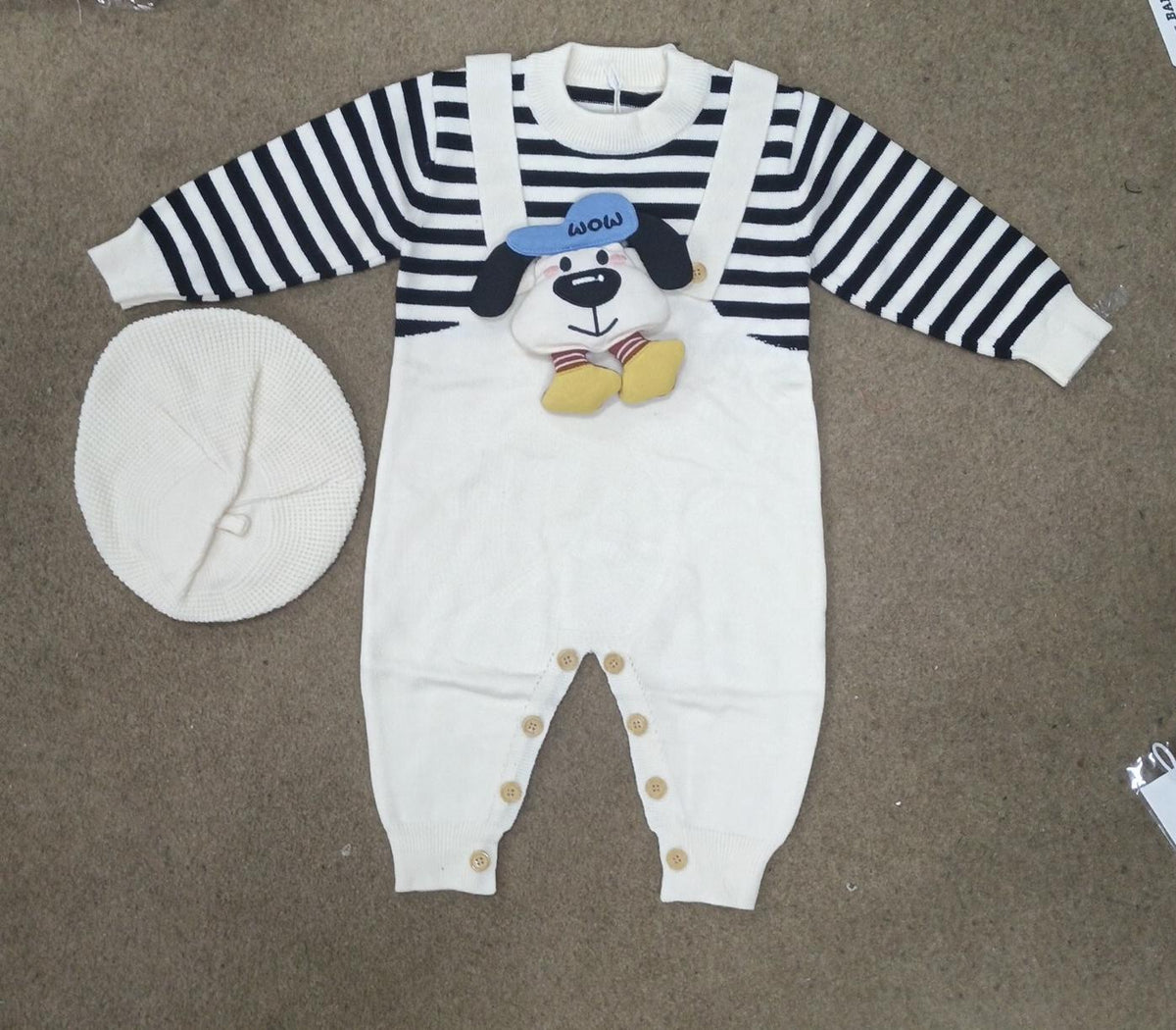 Cute Puppy Character Striped Knitted Romper & Hat 2-Piece Set