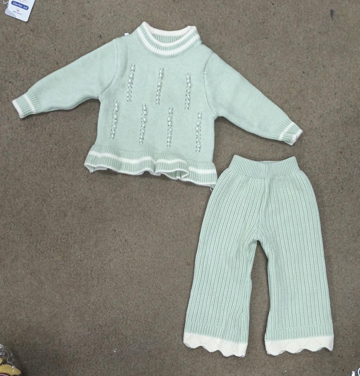 Girls Eyelet Knit Sweater & Scalloped Trouser Set - Mint Green
