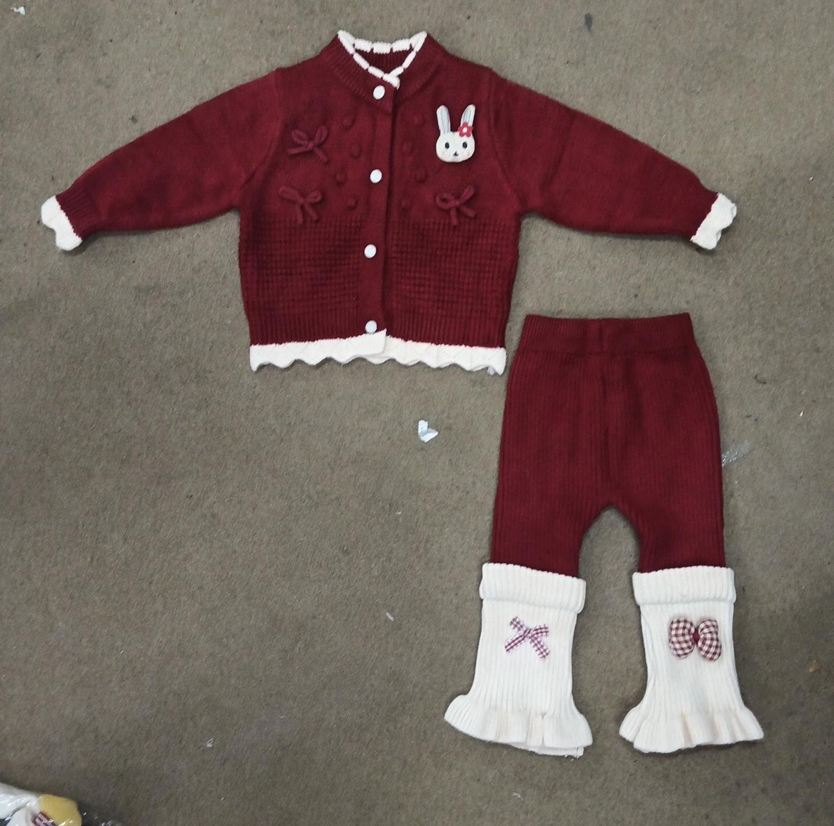 Bunny Embroidery Knit Outfit with Cream Cuff Baby -  Maroon