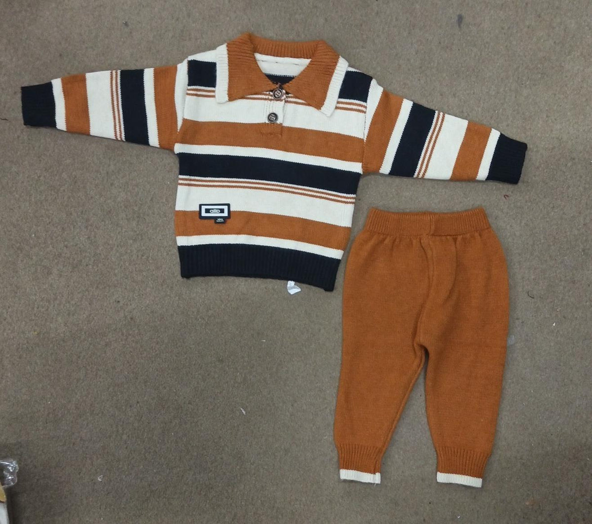 Baby Rust & Navy Striped Polo Sweater Set -  Mustard