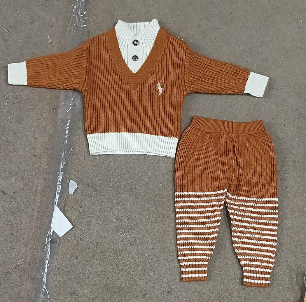 Baby Classic Caramel Knit Sweater Wool Set with Striped Trouser - Off White & Mustered