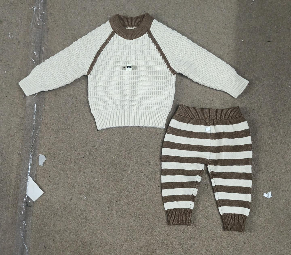 Baby Raglan Knit Top & Striped Lower Wool 2-Piece Set - Brown & Cream