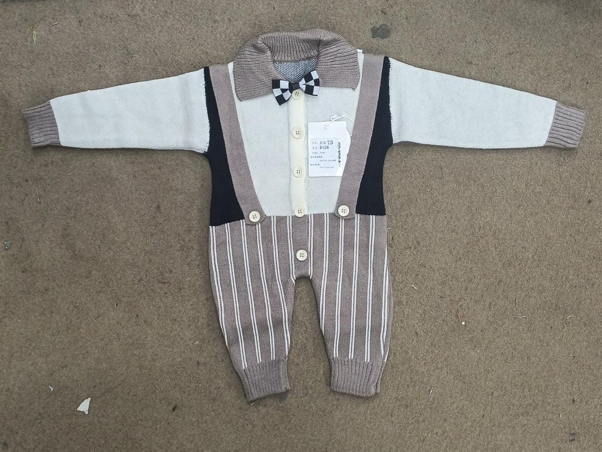 Baby Gentleman Faux-Suspender Knitted Bow tie Romper - Off White & Light Cream