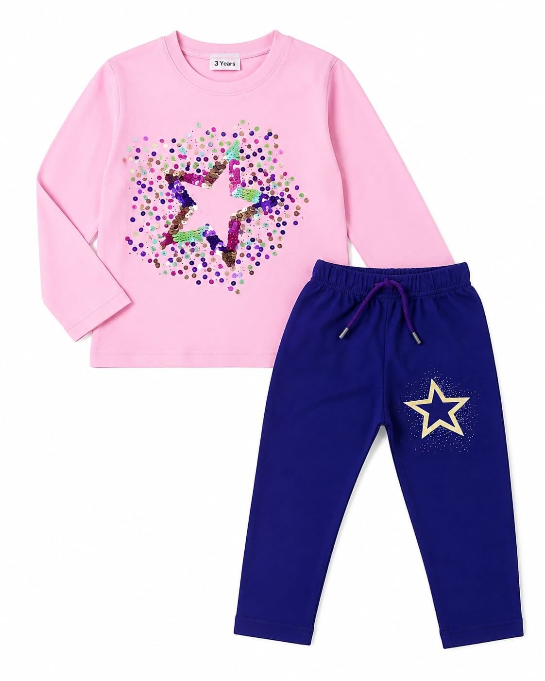 Colorful Sequence Star Full Sleeve Tee Shirt & Trouser - Pink & Dark Purple