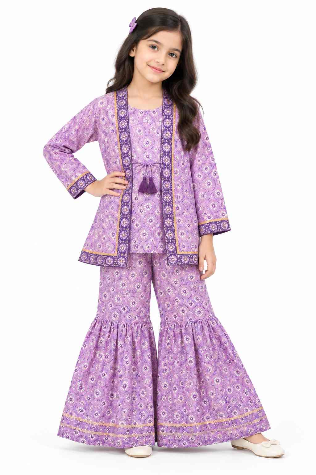 Fancy Worked  Khaddar Sahara Sleeve less Inner & Gharara - Purple