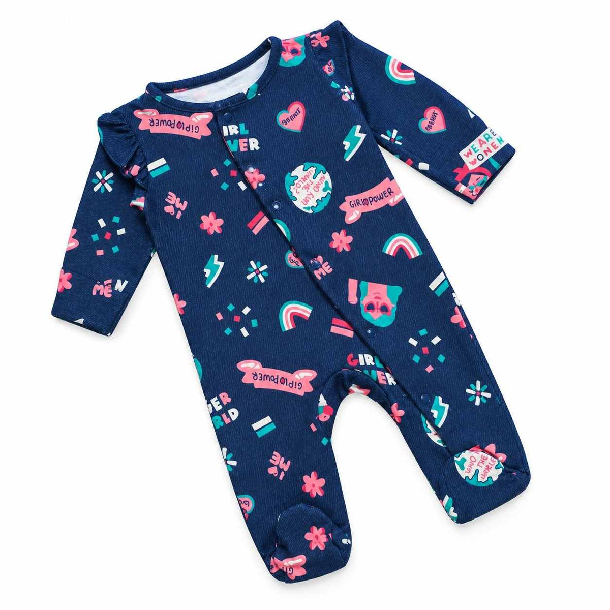Girl Power Print Footed Romper with Shoulder Ruffles - Navy Blue