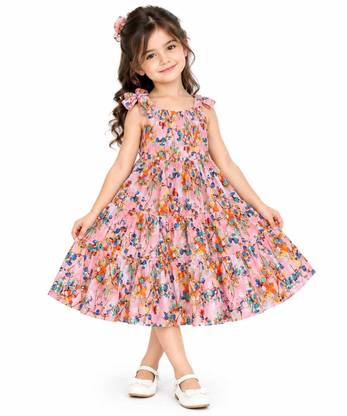 Floral Three Penal Lawn Maxi Frock Shoulder Stripe with Bow -Peach
