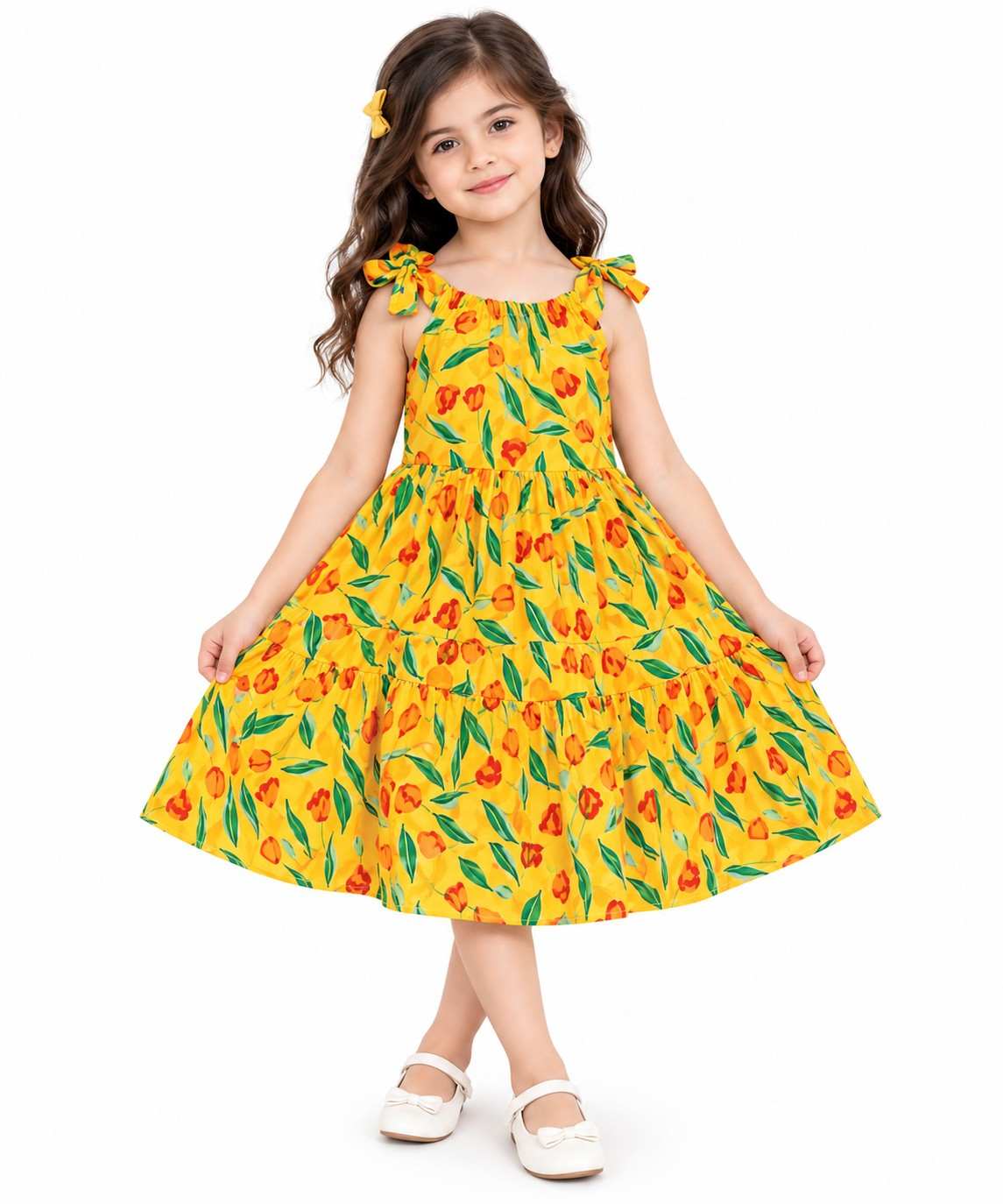 Red Roses Three Penal Lawn Maxi Frock Shoulder Stripe with Bow -Yellow