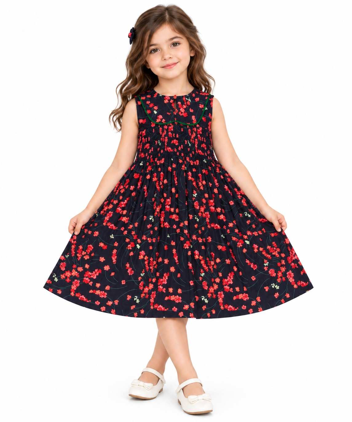 Pink Florals Baby Coller Cotton Maxi Frock -Black