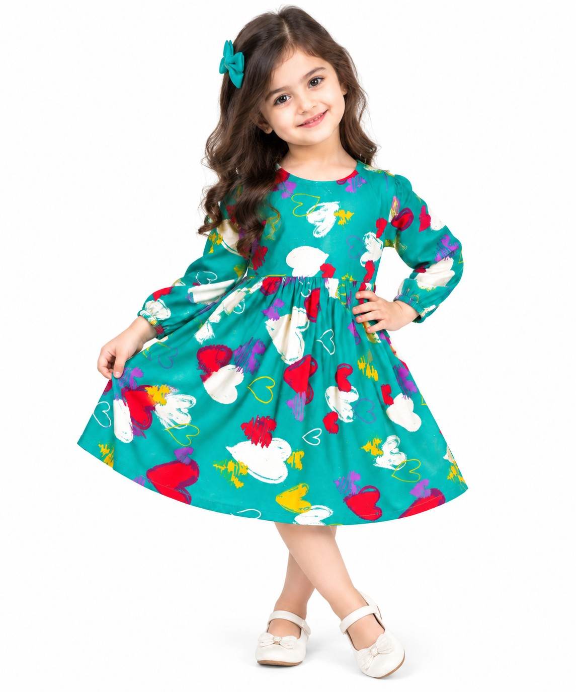 White & Red Hearts Printed Frock - Green
