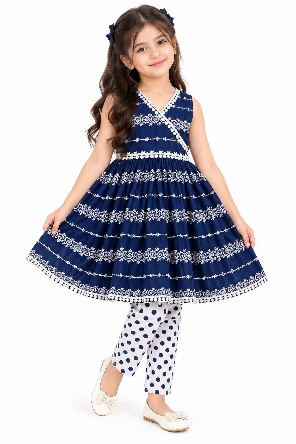 Chicken Kari Angrakha Frock with Polka Dot Trouser - Navy Blue & White