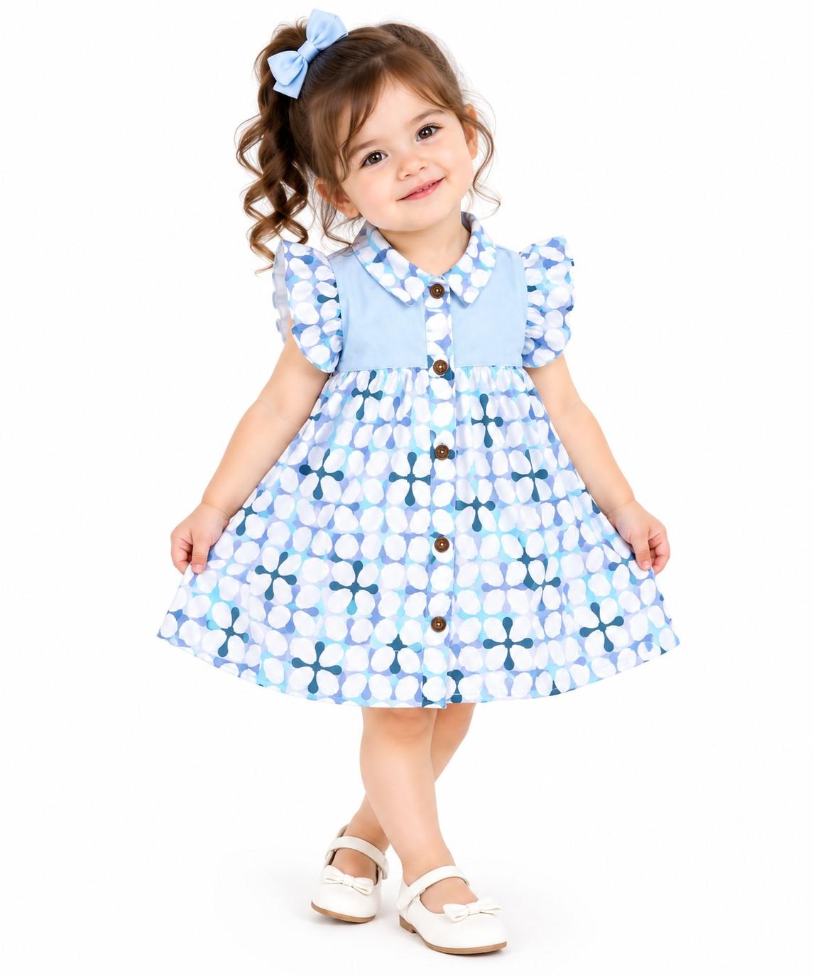 geomatric print Collar Neck Frock - White & Blue