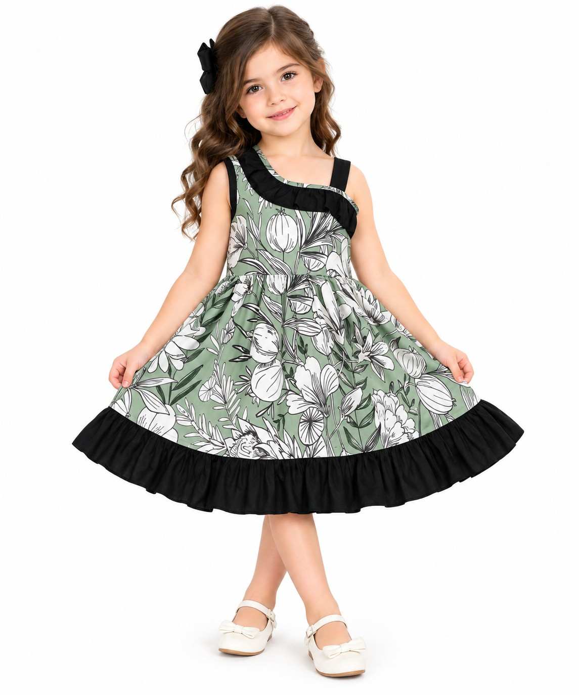 Off Shoulder Ruffel Strap Cotton Frock - Pistachio