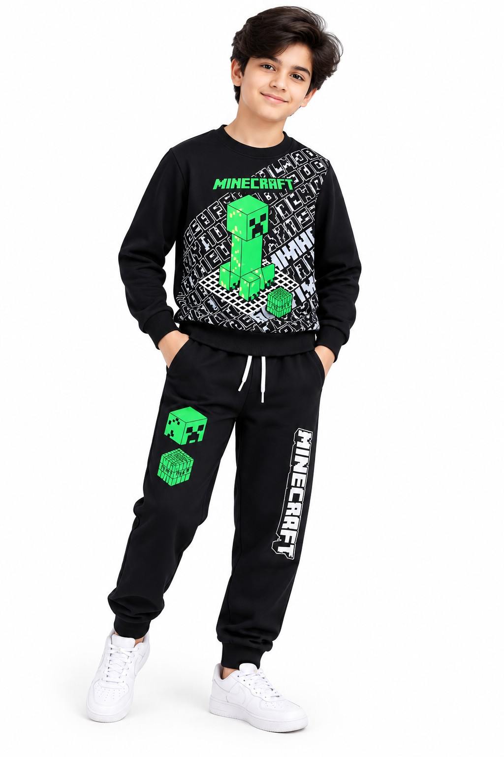  Minecraft Printed Fleece Tracksuit -  Black & Green