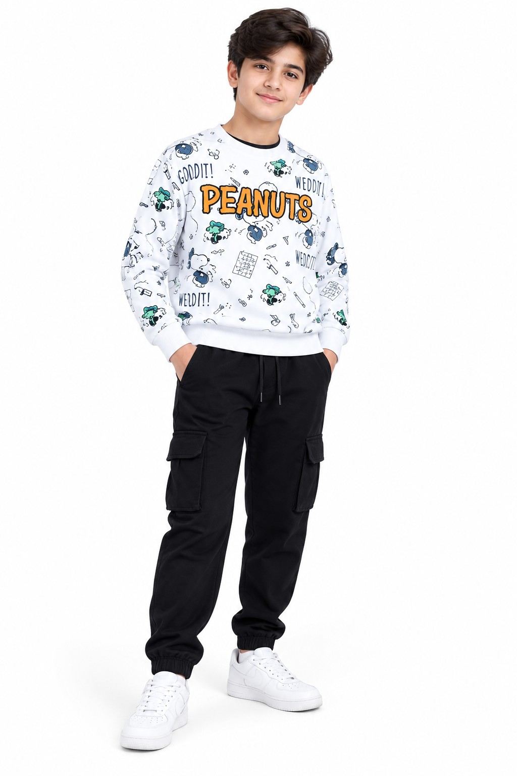  Boys Peanuts Printed Fleece Tracksuit - Grey & Black