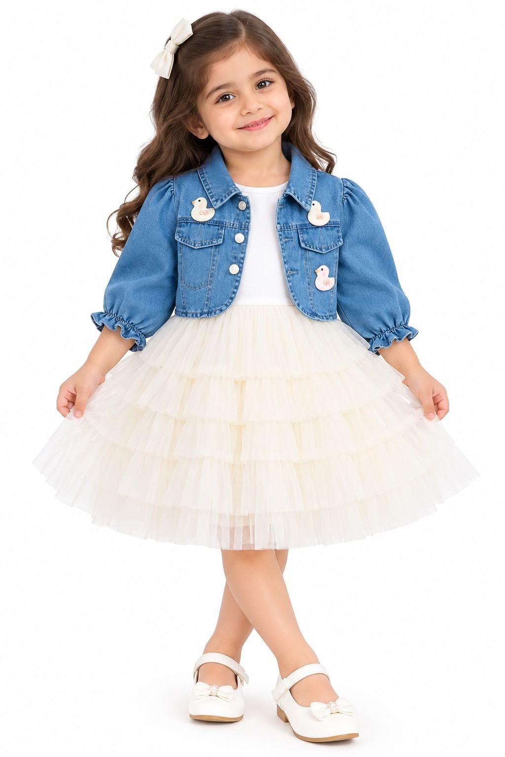 Duck Logo White Layered Mesh Frock with Denim Jacket - White & Blue