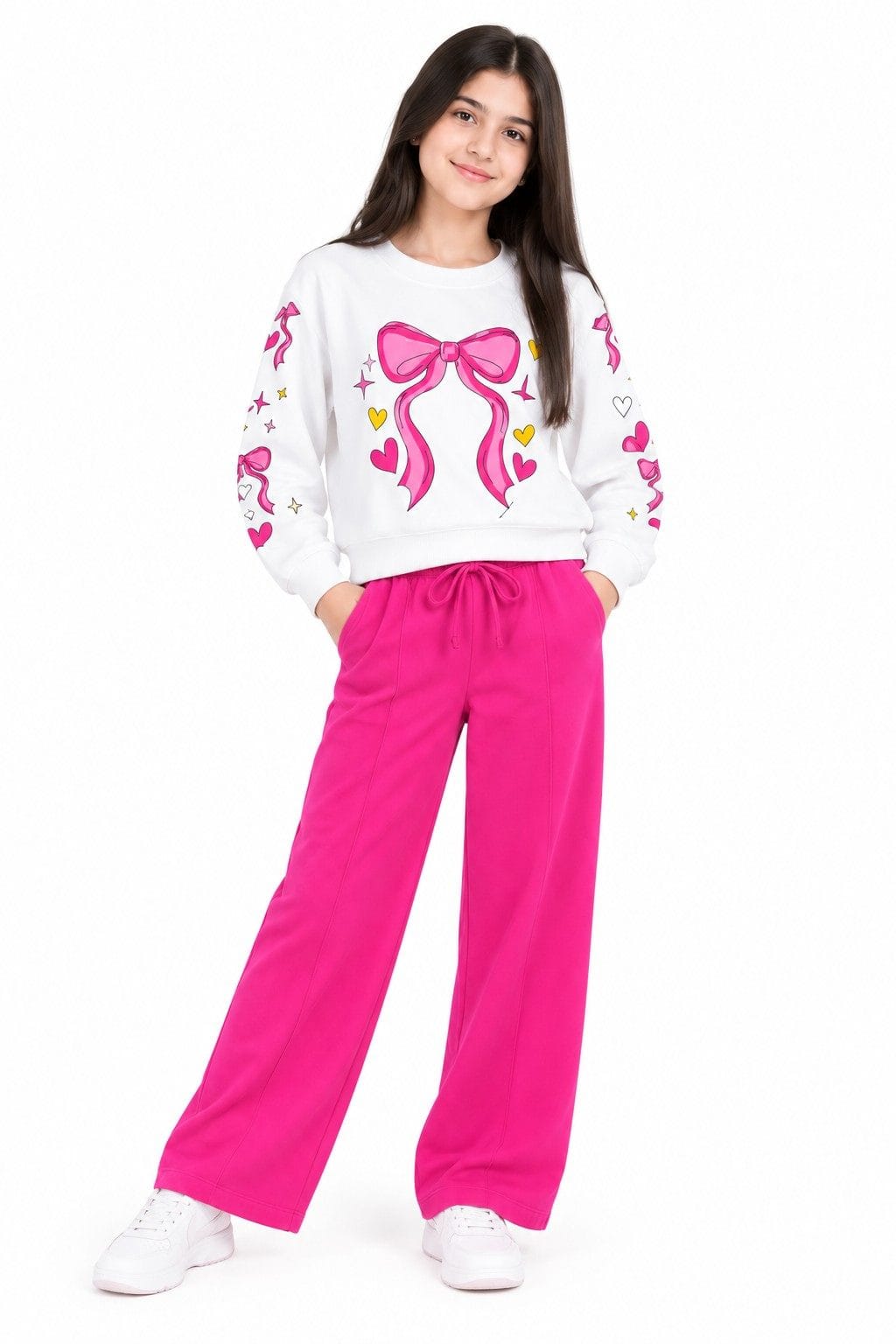Lovely Bow Pink Fleece Sweat with Flare Trouser  - Off White & Pink