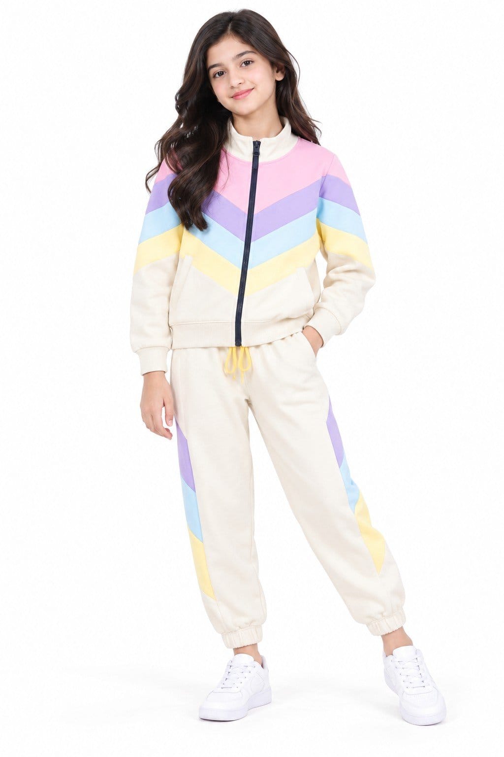 Girls Panel V Multi Colors Fleece Tracksuit - Skin