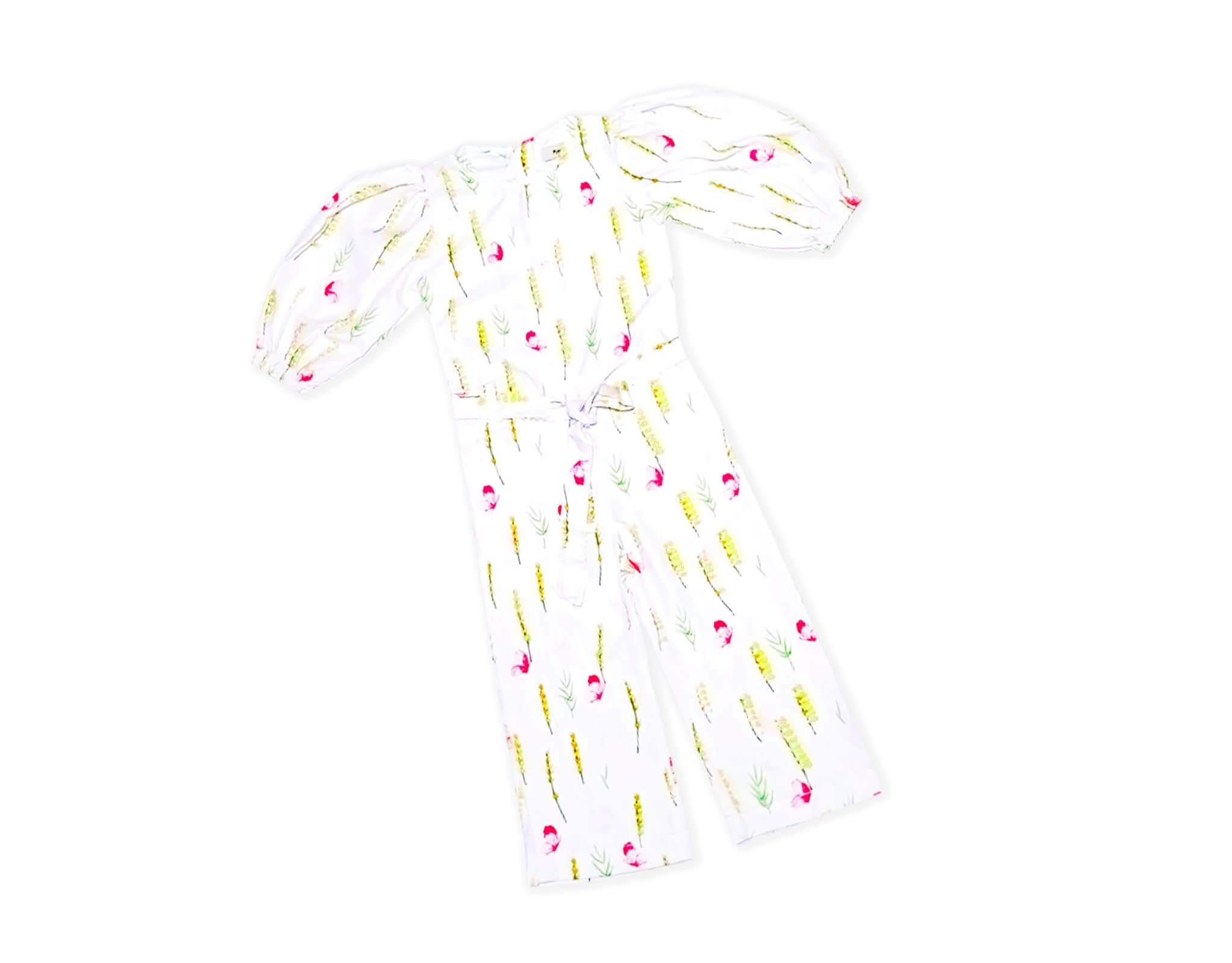 Wheat Flowers Puff Sleeves Jumpsuit - White