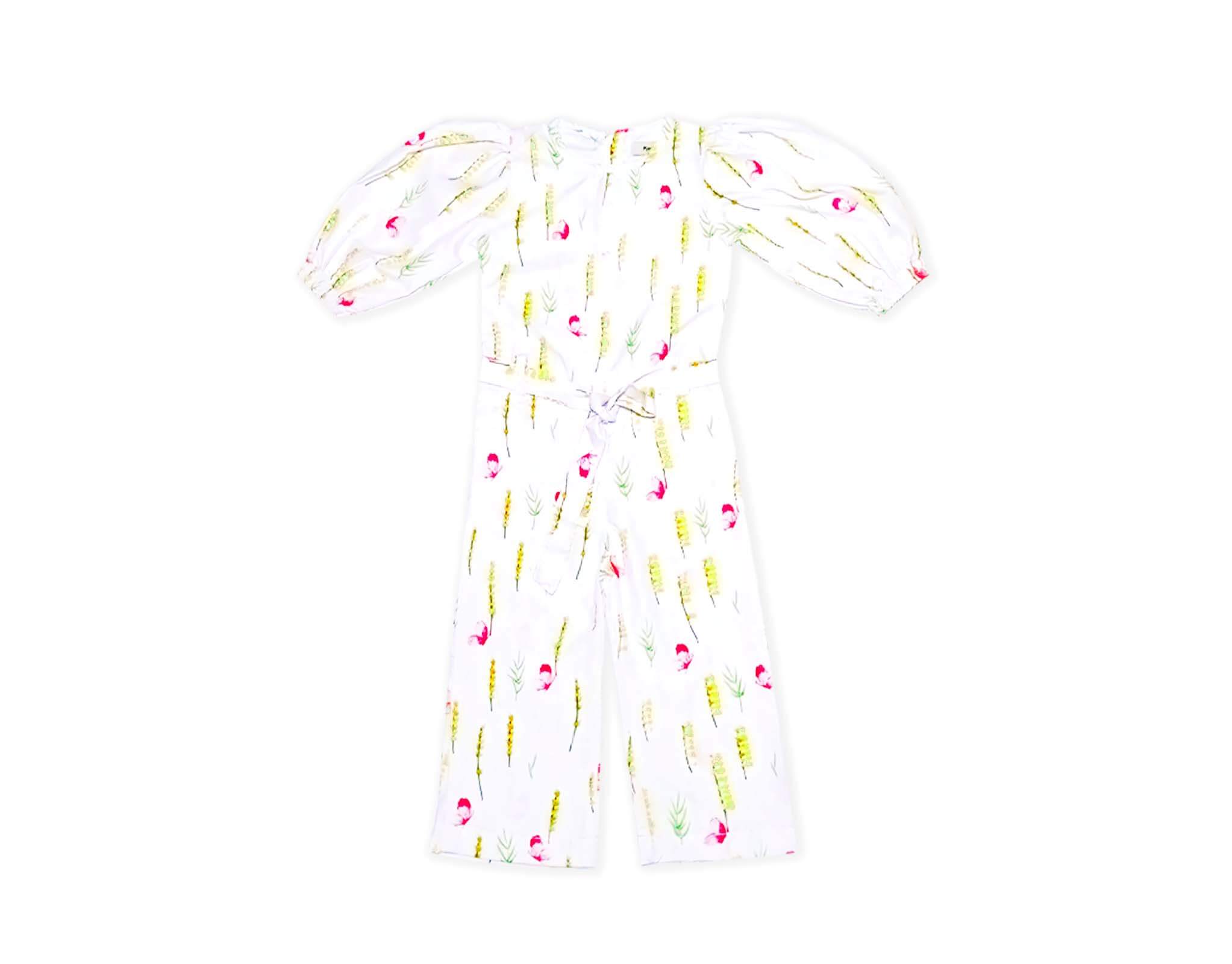 Wheat Flowers Puff Sleeves Jumpsuit - White