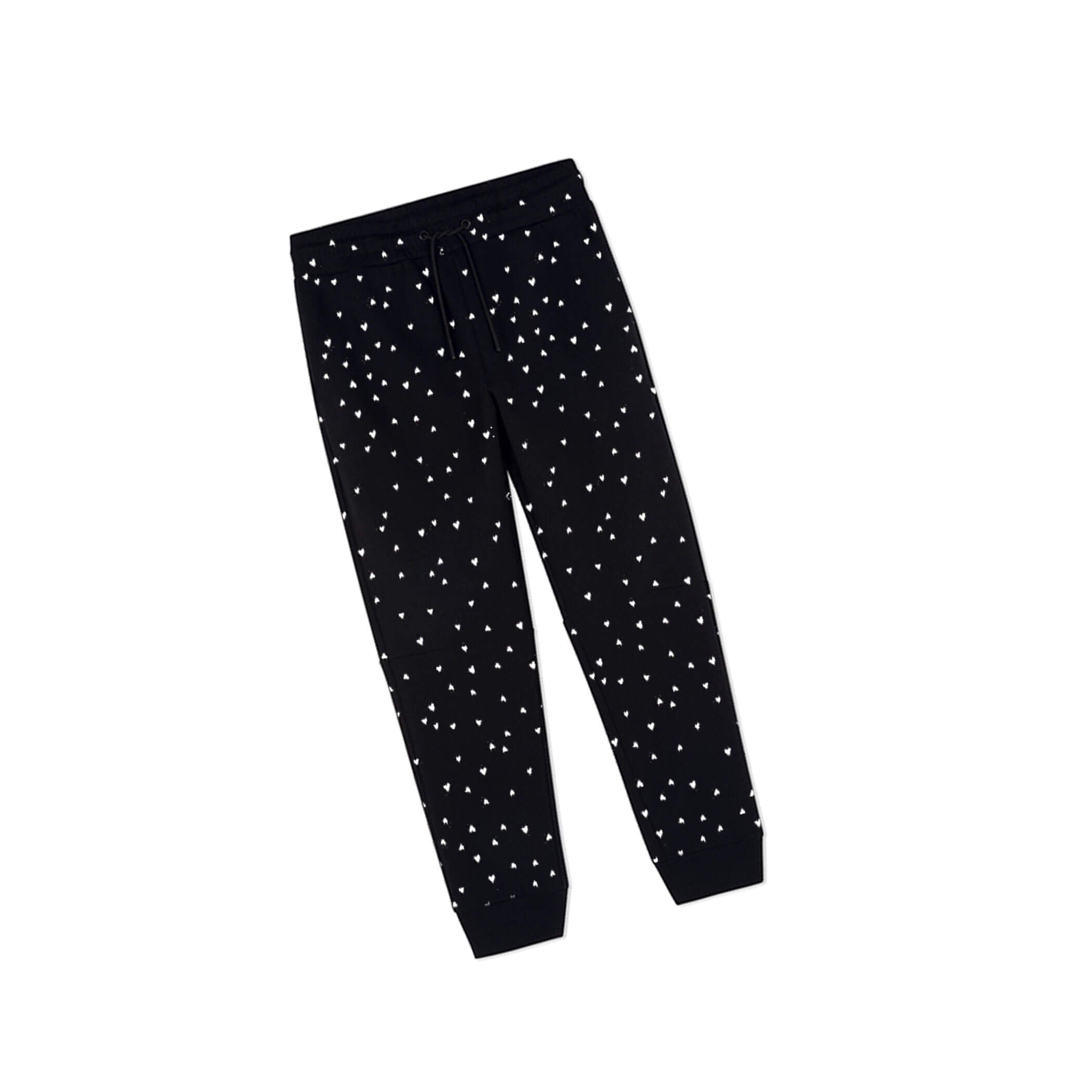 White Mini Hearts Shower Fleece Trouser-Black