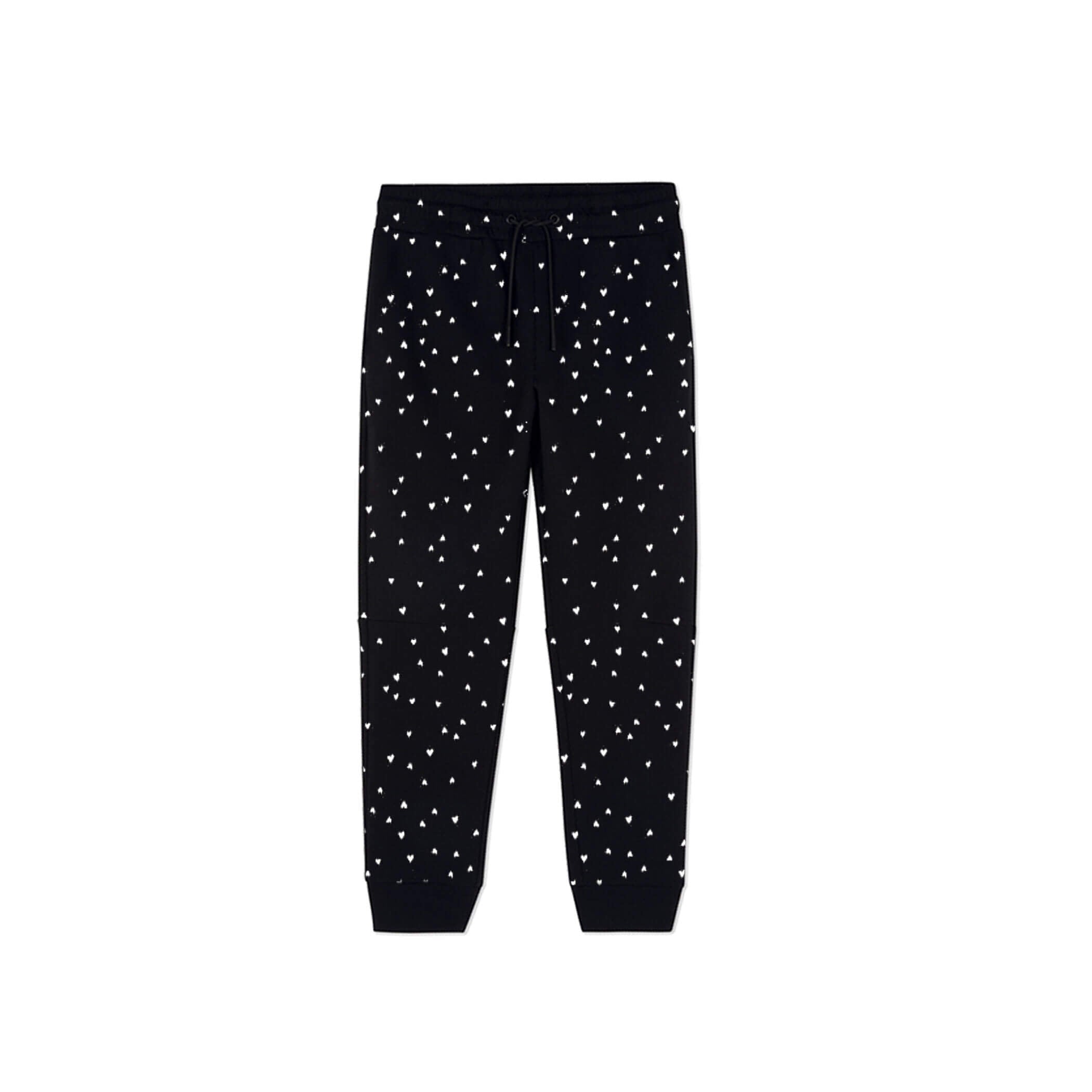 White Mini Hearts Shower Fleece Trouser-Black
