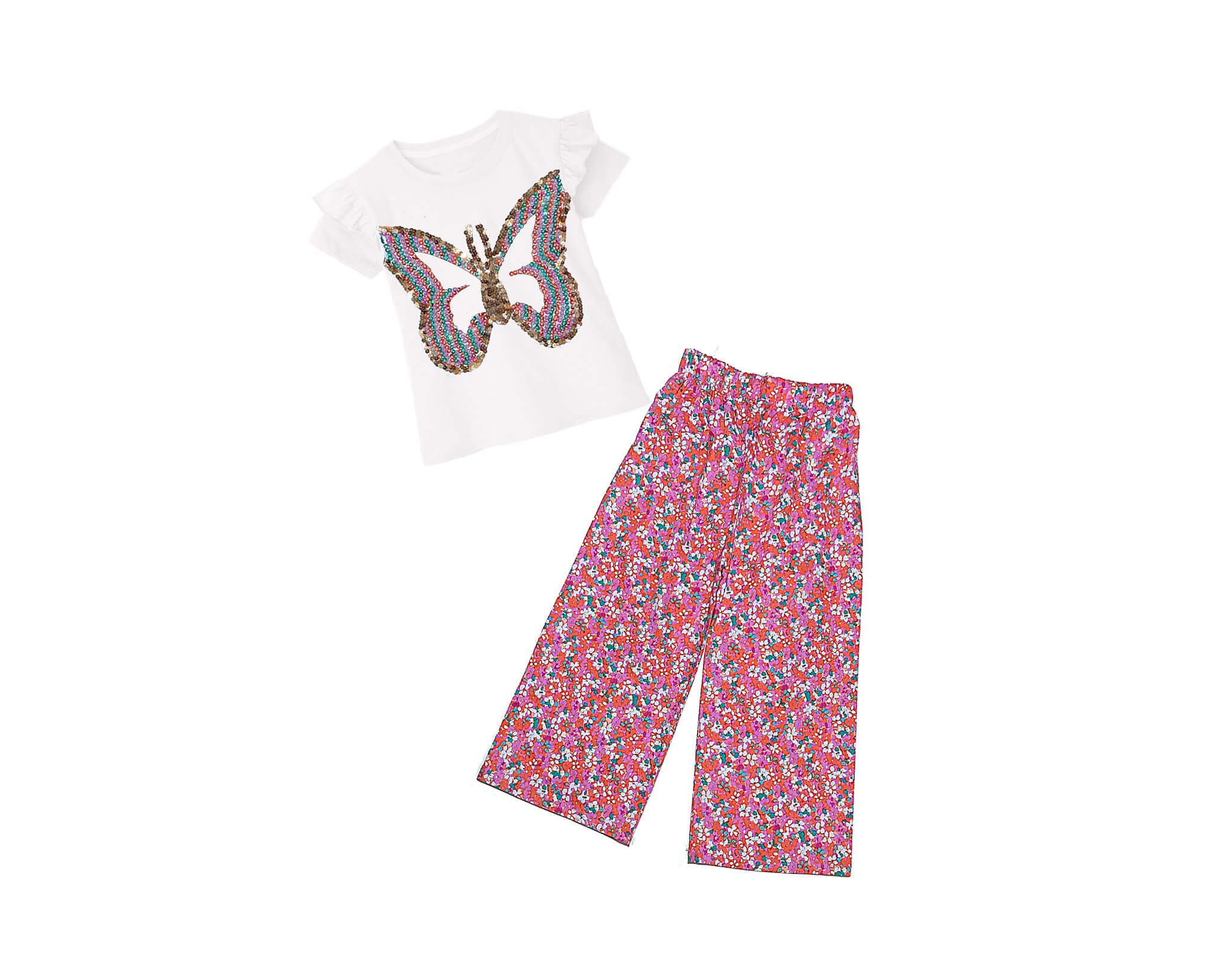 White Pearls &amp; Sequin Butterfly Tee Shirt &amp; Plazzo - White &amp; Pink