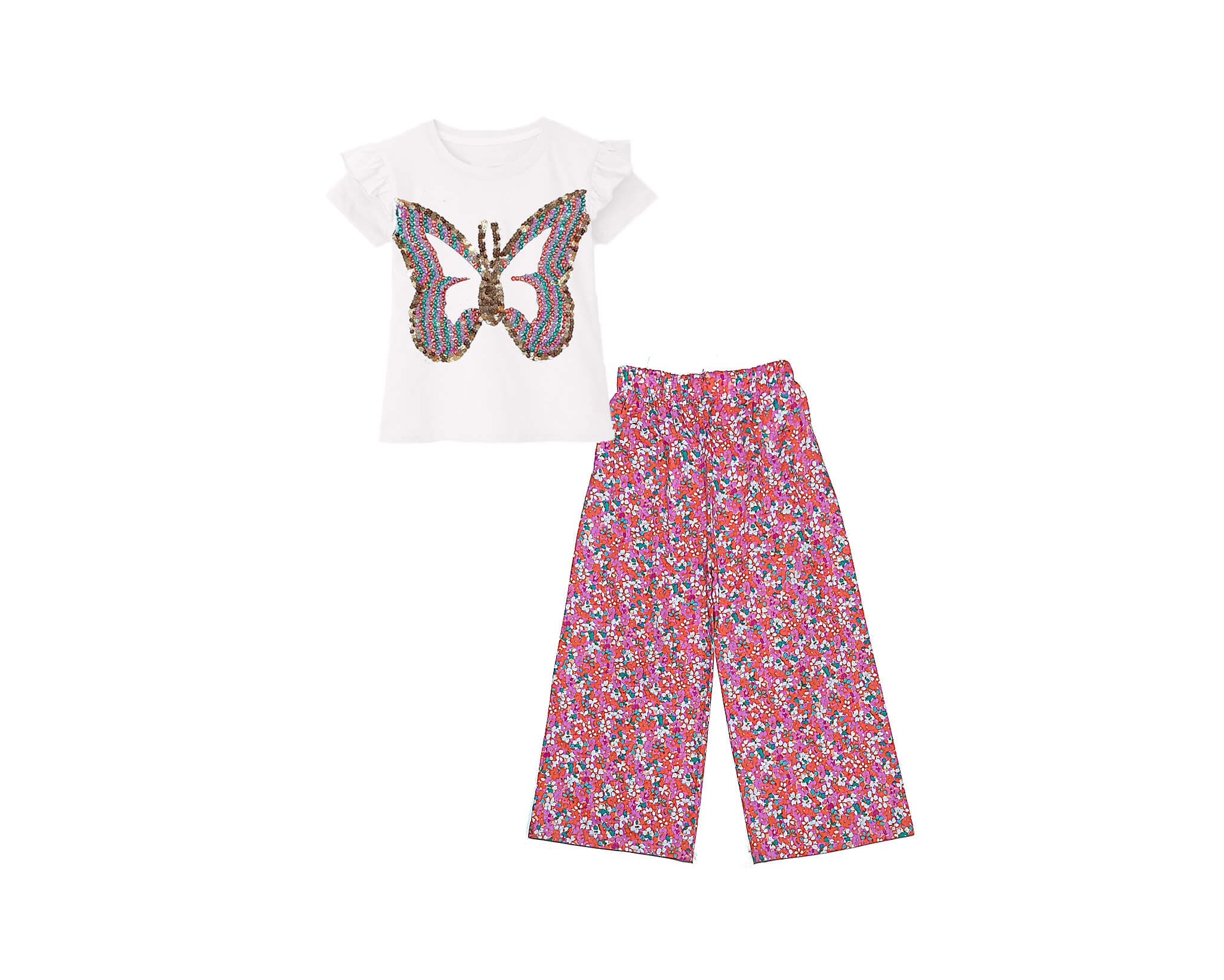 White Pearls &amp; Sequin Butterfly Tee Shirt &amp; Plazzo - White &amp; Pink