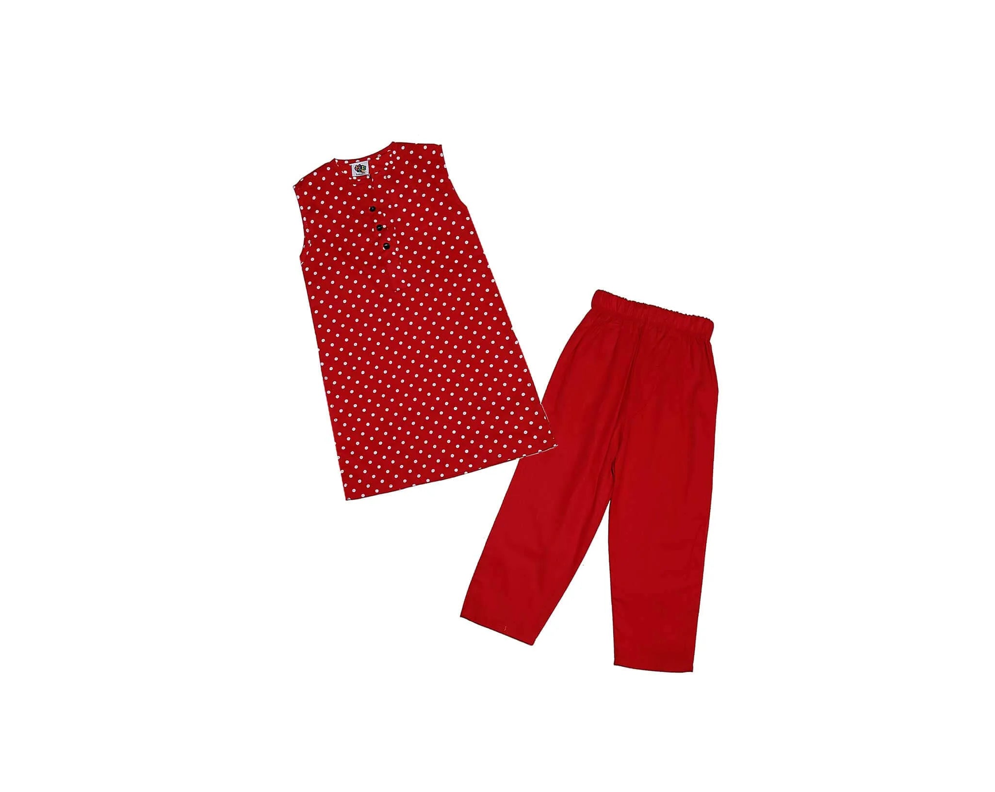 White Polka Dot Cotton Sleeve Less Kurti &amp; Trouser - Red
