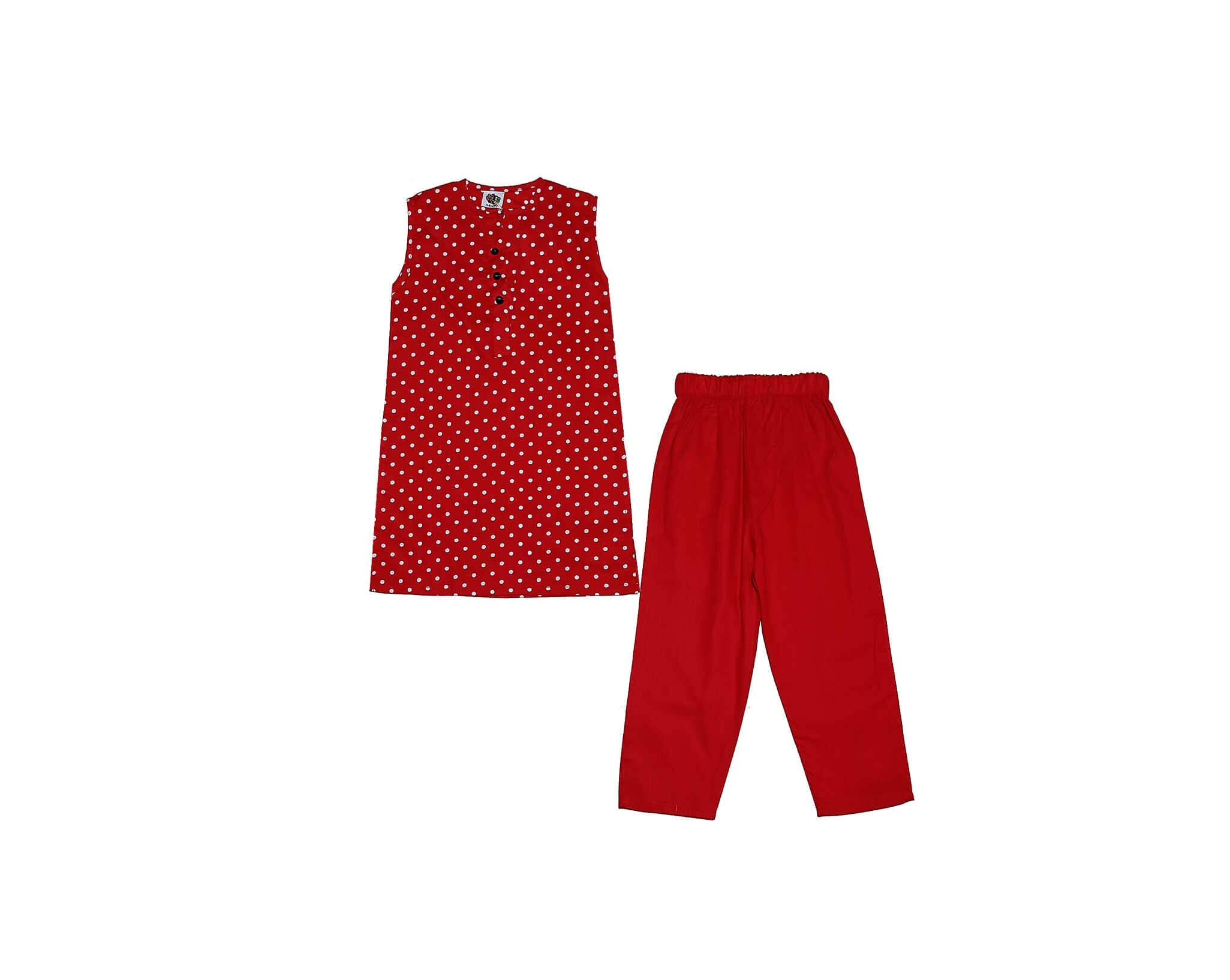 White Polka Dot Cotton Sleeve Less Kurti &amp; Trouser - Red