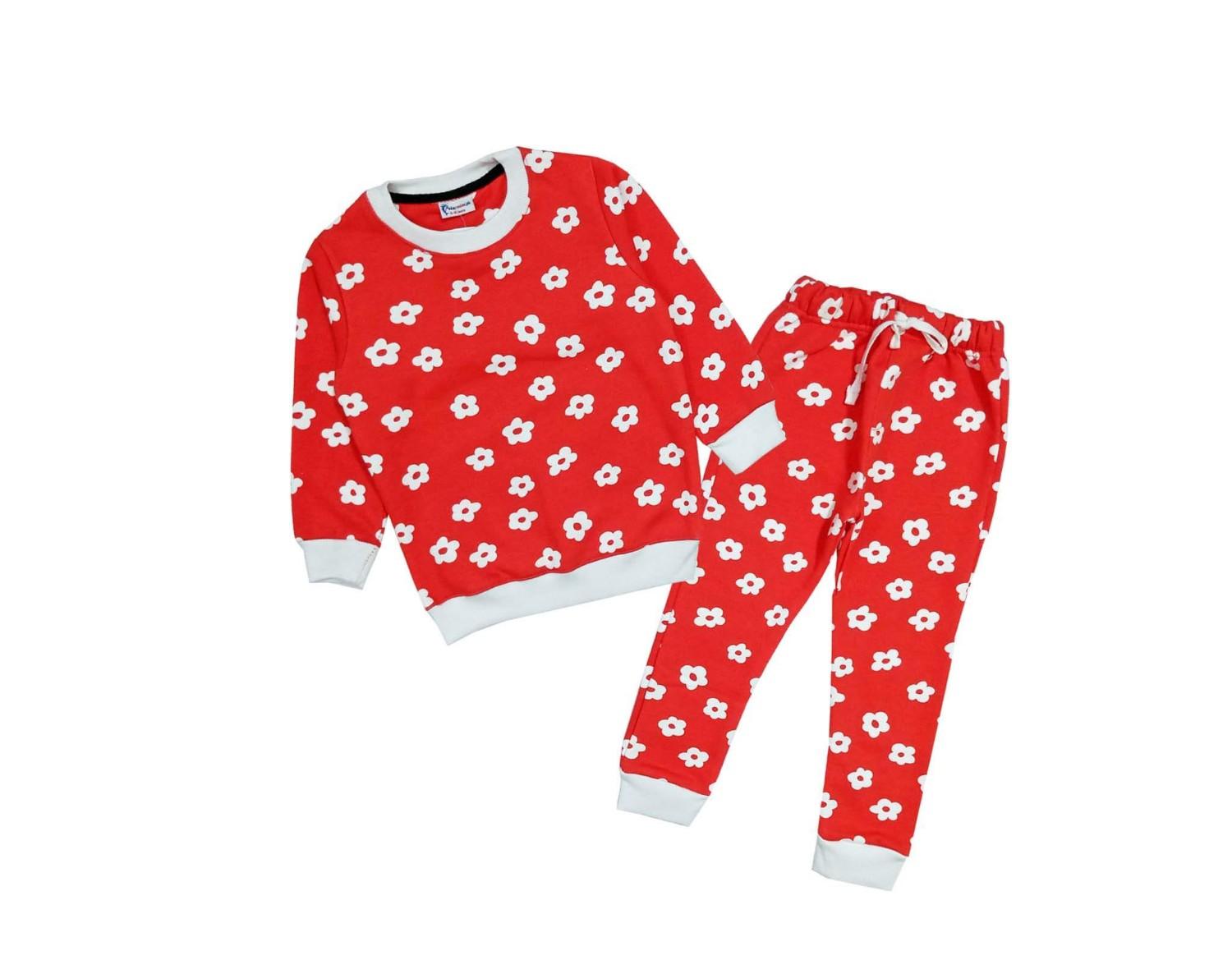 White Flowers Fleece Tracksuit - Red