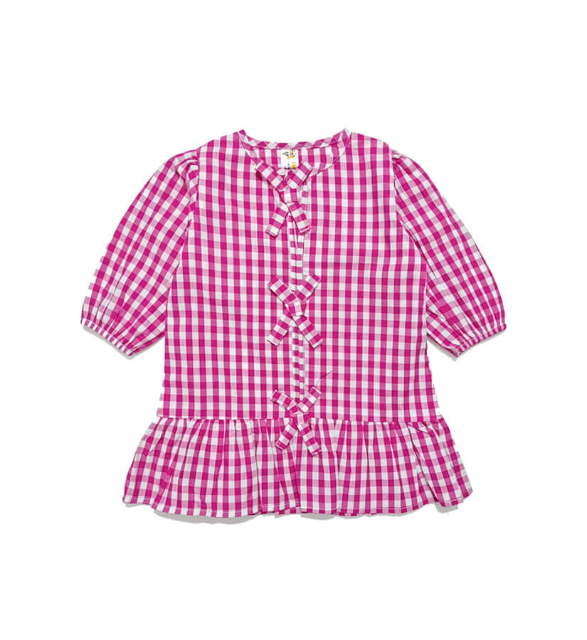 White Checked With Bow Puff Sleeve Frock-Pink