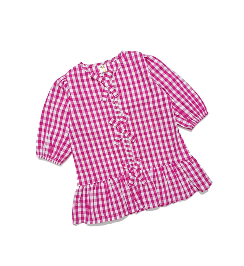 White Checked With Bow Puff Sleeve Frock-Pink