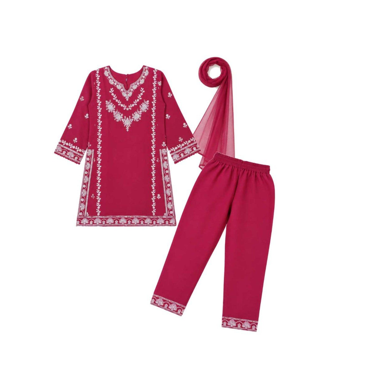 White Flower Embroidered Sequence Worked 3 Pc Khaddar Suit - Shocking Pink