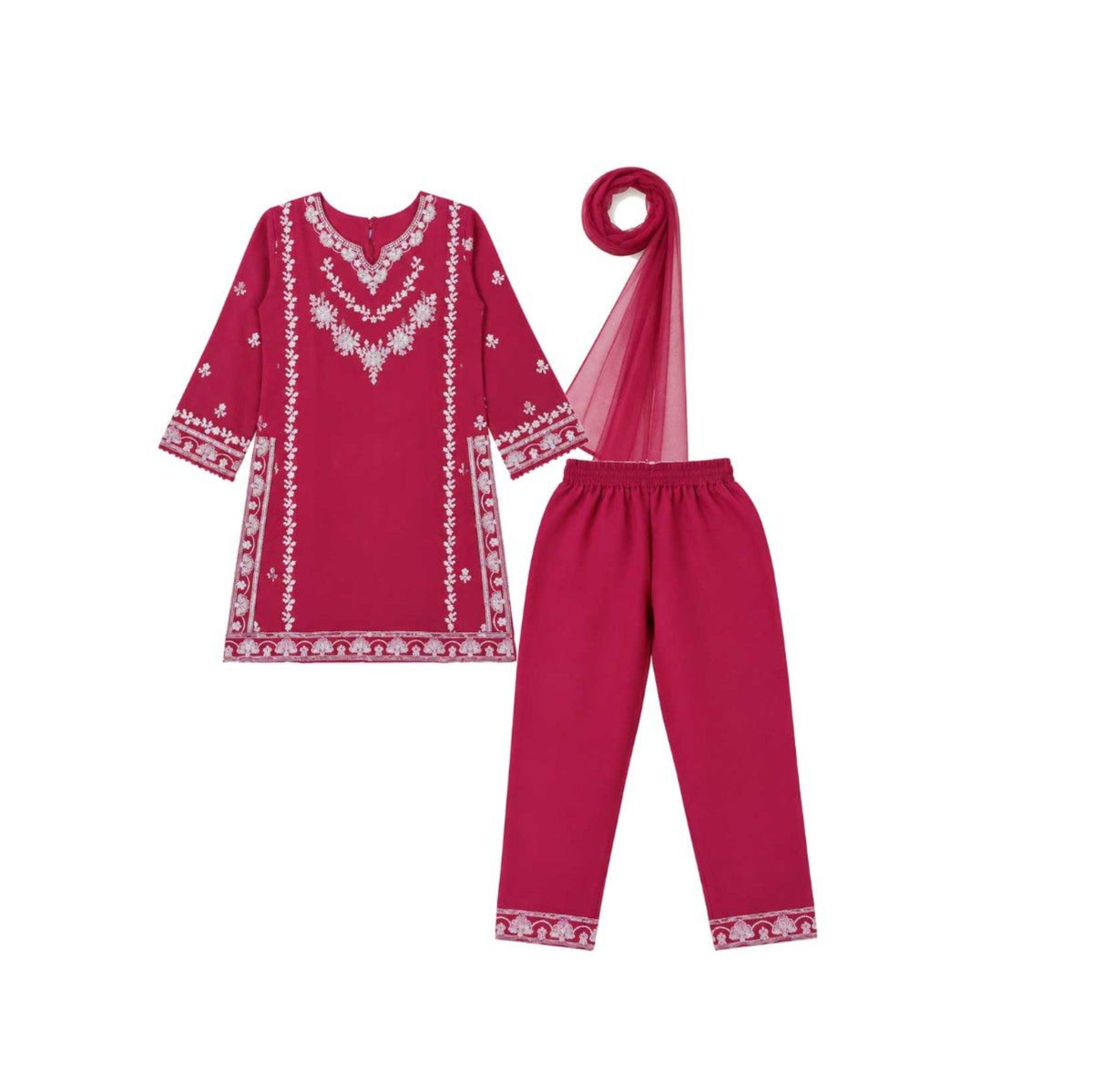 White Flower Embroidered Sequence Worked 3 Pc Khaddar Suit - Shocking Pink