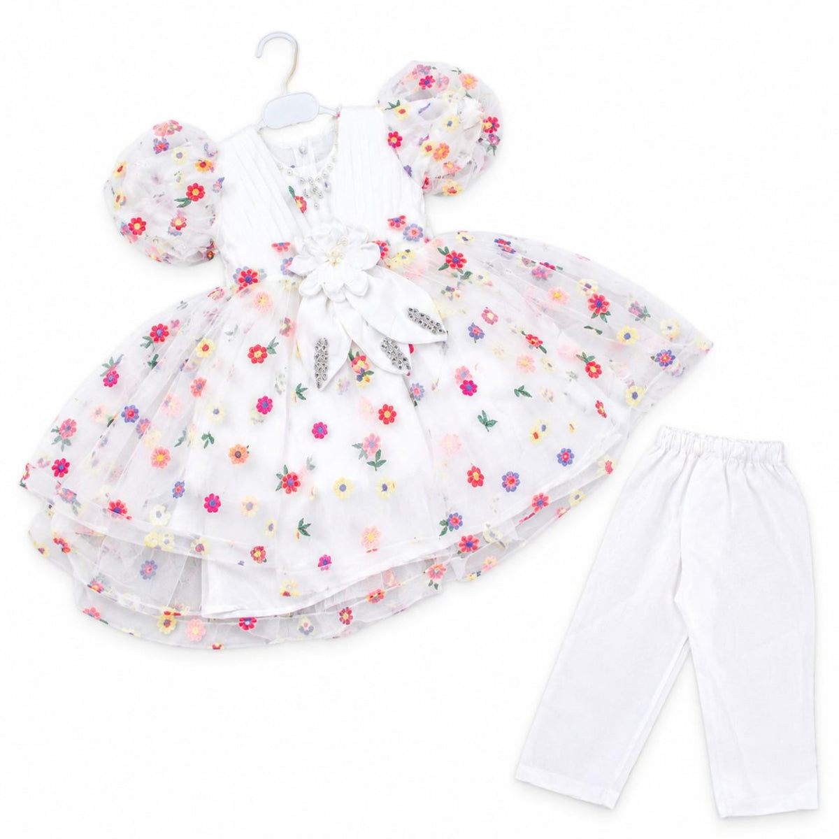 White Flower With Multi Floral Net Frock - White