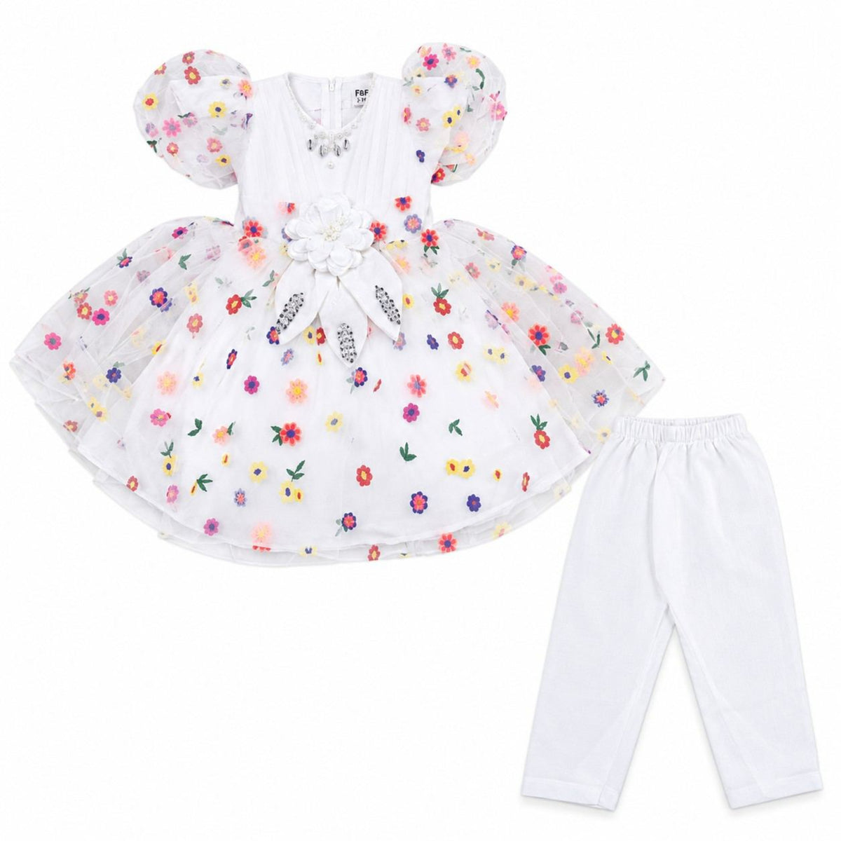 White Flower With Multi Floral Net Frock - White