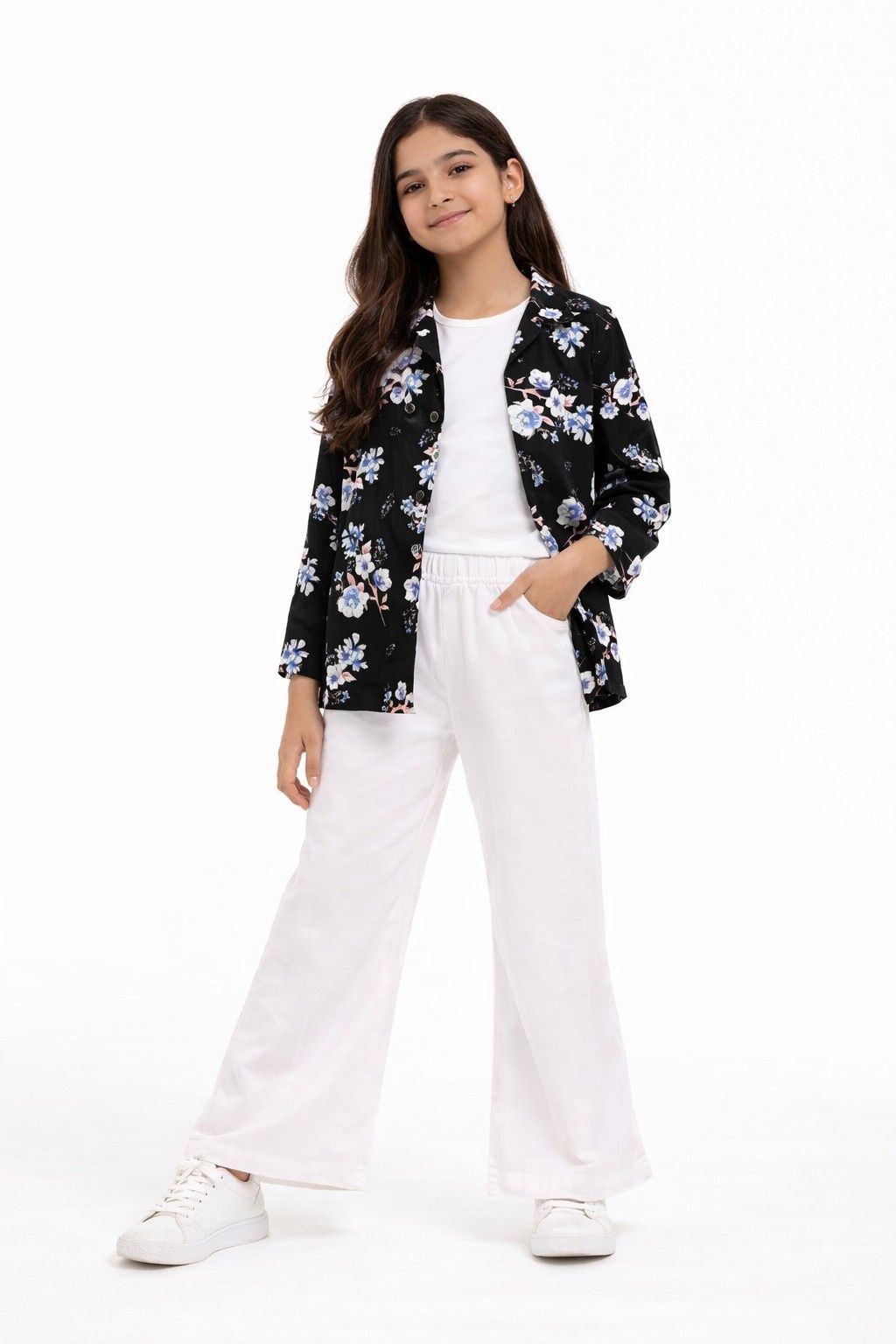 White Flowers Coat Sleeveless Inner Flapper Trouser - Black & White